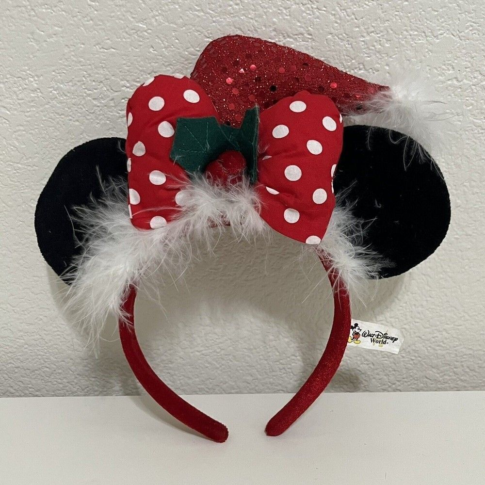 Walt Disney World Minnie Mouse Red Sequin Christmas Hat Headband Black Ears Bow